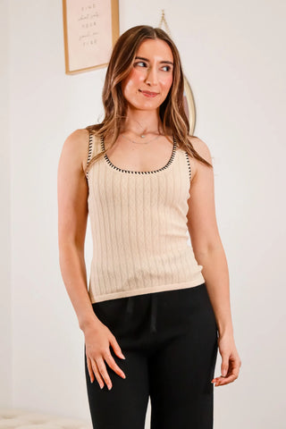 Beige tank top, tank top, tank top with black hemline, knit tank top, comfortable tank top, summer top, fall top