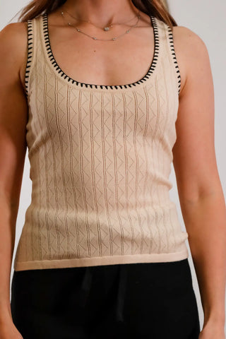 Beige tank top, tank top, tank top with black hemline, knit tank top, comfortable tank top, summer top, fall top - 2
