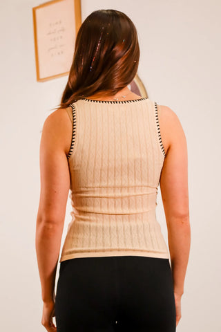 Beige tank top, tank top, tank top with black hemline, knit tank top, comfortable tank top, summer top, fall top - 3