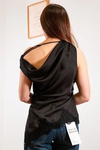 Thelma Black Satin Lace Top