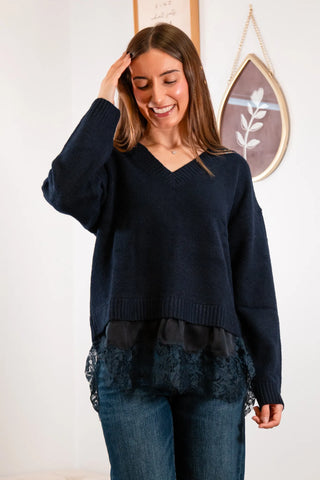 Franca Navy Sweater With Lace