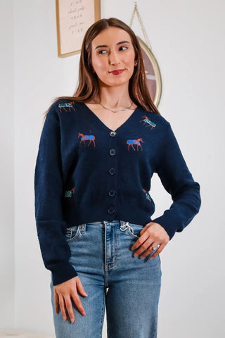 cute cardigan, v neck cardigan, navy cardigan, navy v neck cardigan, horse sweater, horse cardigan, cute fall sweaters, cute winter sweaters, fall outfit inspo, navy cardigan outfit inspo