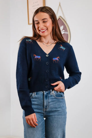 cute cardigan, v neck cardigan, navy cardigan, navy v neck cardigan, horse sweater, horse cardigan, cute fall sweaters, cute winter sweaters, fall outfit inspo, navy cardigan outfit inspo