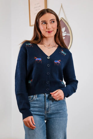 cute cardigan, v neck cardigan, navy cardigan, navy v neck cardigan, horse sweater, horse cardigan, cute fall sweaters, cute winter sweaters, fall outfit inspo, navy cardigan outfit inspo