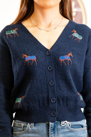 cute cardigan, v neck cardigan, navy cardigan, navy v neck cardigan, horse sweater, horse cardigan, cute fall sweaters, cute winter sweaters, fall outfit inspo, navy cardigan outfit inspo