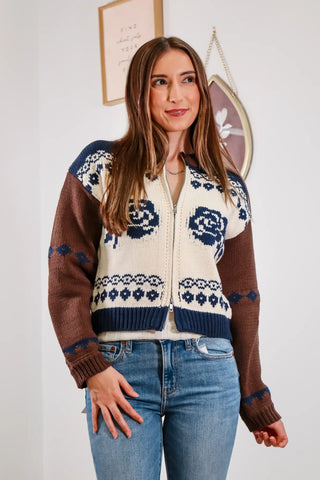 knit zip up, cute knit jacket for fall, knit jacket, fall jacket, knit top outfit inspo, fall outfit inspo, jacket with roses on it