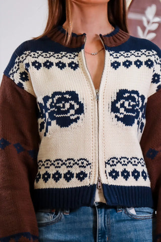 knit zip up, cute knit jacket for fall, knit jacket, fall jacket, knit top outfit inspo, fall outfit inspo, jacket with roses on it