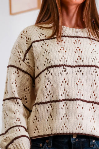 Cream sweater, eyelet sweater, brown and cream sweater, brown striped sweater, chunky sweater, crochet sweater
