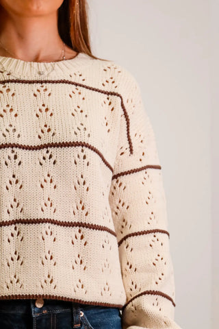 Cream sweater, eyelet sweater, brown and cream sweater, brown striped sweater, chunky sweater, crochet sweater