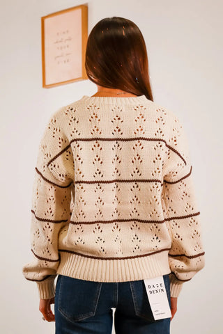 Cream sweater, eyelet sweater, brown and cream sweater, brown striped sweater, chunky sweater, crochet sweater