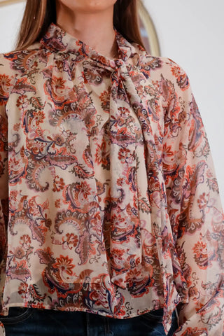 Paisley top, flowy top, high neck blouse, paisley blouse, tie blouse, long sleeve blouse, orange and blue blouse, cream blouse 