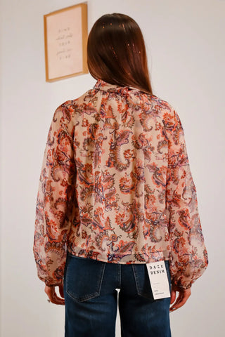 Paisley top, flowy top, high neck blouse, paisley blouse, tie blouse, long sleeve blouse, orange and blue blouse, cream blouse 