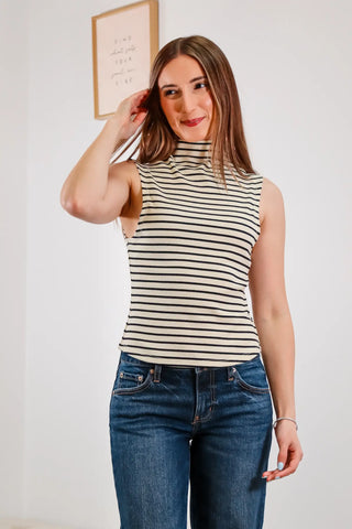 Striped mock neck, striped tank, black and white stripes, stretchy tank, mock neck tank