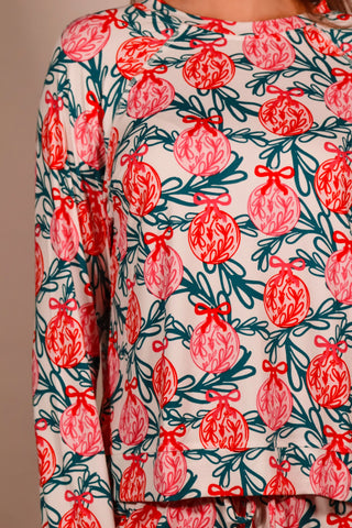 ornament pajama set, pink pajama set, pink and green pajama set, christmas pajama set, holiday pajama set, holiday gift ideas, birthday gift ideas 