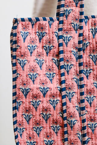 Big tote bag, pink tote bag, bag with blue flowers, pink bag with blue flowers, gift