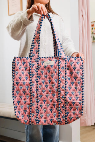Big tote bag, pink tote bag, bag with blue flowers, pink bag with blue flowers, gift