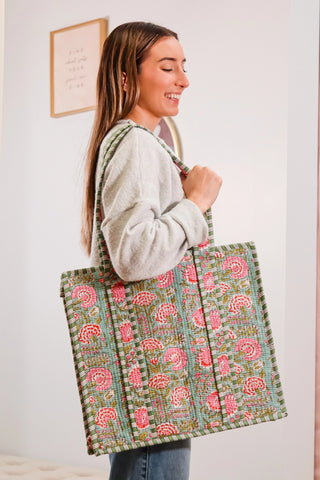 Big tote bag, green tote bag, bag with pink flowers, green bag with pink flowers, gift