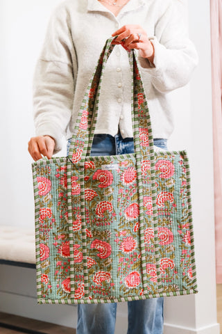 Big tote bag, green tote bag, bag with pink flowers, green bag with pink flowers, gift