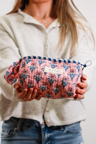 Small makeup pouch bag, pink pouch bag, bag with blue flowers, pink bag with blue flowers, gift