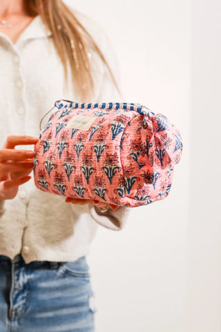 Small makeup pouch bag, pink pouch bag, bag with blue flowers, pink bag with blue flowers, gift