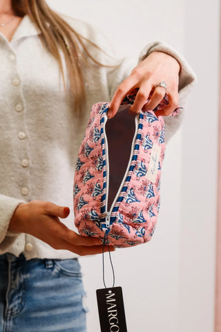 Small makeup pouch bag, pink pouch bag, bag with blue flowers, pink bag with blue flowers, gift