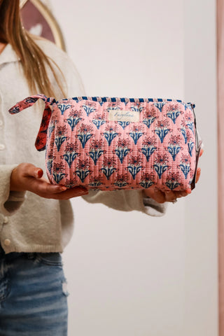 Small makeup pouch bag, pink pouch bag, bag with blue flowers, pink bag with blue flowers, gift