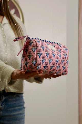 Small makeup pouch bag, pink pouch bag, bag with blue flowers, pink bag with blue flowers, gift
