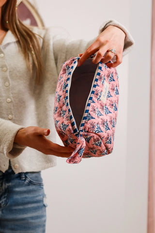 Small makeup pouch bag, pink pouch bag, bag with blue flowers, pink bag with blue flowers, gift