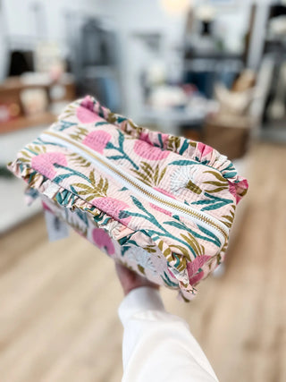 Quilted Ruffle Pouch - Pink & Green