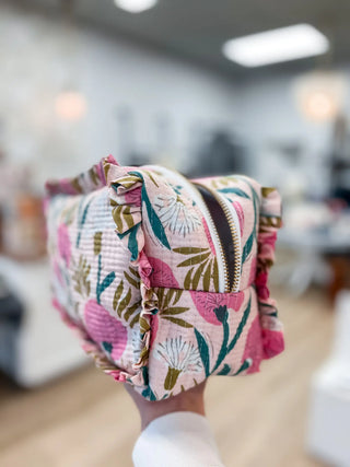 Quilted Ruffle Pouch - Pink & Green