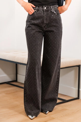 Black high rise jeans, black wide leg jeans with studs, black high rise jeans with studs, black wide leg jeans with studs