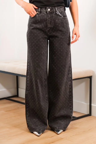 Black high rise jeans, black wide leg jeans with studs, black high rise jeans with studs, black wide leg jeans with studs