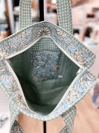 Quilted Tote Bag - Blue & Green