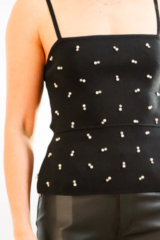 black tank top, black top, black top for the holidays, black tank top for the holidays, sparkly black top, sparkly black tank top, holiday outfit inspo, new years outfit inspo, party outfit inspo, holiday tops, new years tops, birthday tops, party tops, black holiday tops, black new years tops, black birthday tops, black party tops, detailed black top, detailed black tank top, tank top with studs, tank top with pearls, black tank top with studs, black tank top with pearls