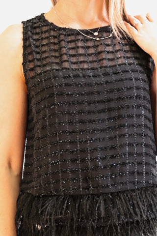 black tank top,. black top, black top for the holidays, black tank top for the holidays, sparkly black top, sparkly black tank top, top with feather trim, tank top with feather trim, holiday outfit inspo, new years outfit inspo, party outfit inspo, holiday tops, new years tops, birthday tops, party tops, black holiday tops, black new years tops, black birthday tops, black party tops