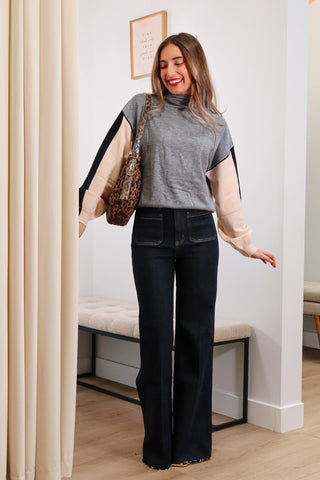 color block sweater, sweaters, high neck sweaters, work outfit inspo, high neck color block sweater, grey sweater, gray sweater, grey high neck sweater, gray high neck sweater