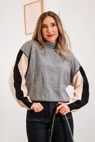 color block sweater, sweaters, high neck sweaters, work outfit inspo, high neck color block sweater, grey sweater, gray sweater, grey high neck sweater, gray high neck sweater