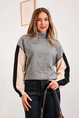 color block sweater, sweaters, high neck sweaters, work outfit inspo, high neck color block sweater, grey sweater, gray sweater, grey high neck sweater, gray high neck sweater
