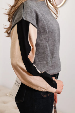 color block sweater, sweaters, high neck sweaters, work outfit inspo, high neck color block sweater, grey sweater, gray sweater, grey high neck sweater, gray high neck sweater