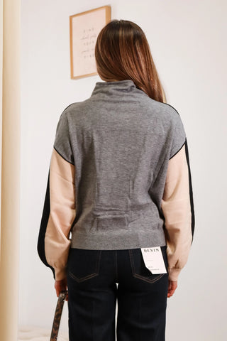 color block sweater, sweaters, high neck sweaters, work outfit inspo, high neck color block sweater, grey sweater, gray sweater, grey high neck sweater, gray high neck sweater