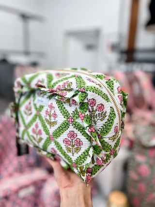 cute pouches, pink pouches, quilted pouch, cute quilted pouch, floral pouch floral quilted pouch, farylina pouches , pouches for makeup, pouches for travel, multicolor pouches, pink and green pouches, pink and green floral pouch, ruffle pouch