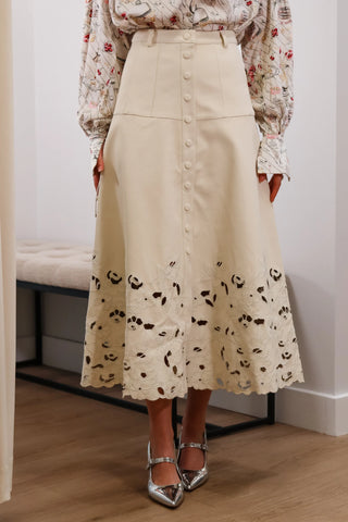 Midi cream skirt, fall cream skirt, long cream skirt with buttons, rose detailed cream skirt