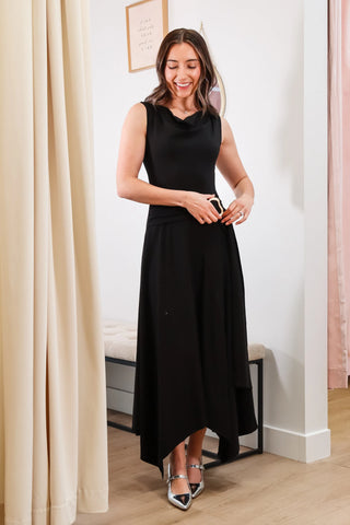 long black dress with gold hardware, midi black dress, short sleeve black dress, casual black dress, black tie style dress