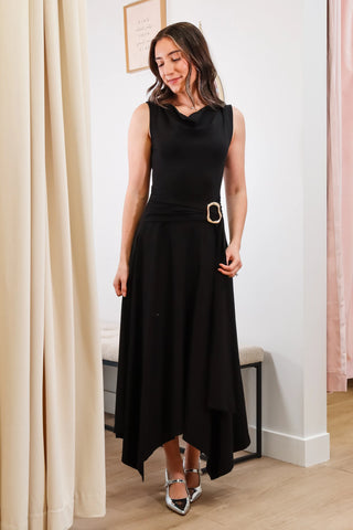 long black dress with gold hardware, midi black dress, short sleeve black dress, casual black dress, black tie style dress