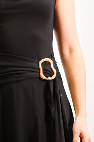 long black dress with gold hardware, midi black dress, short sleeve black dress, casual black dress, black tie style dress