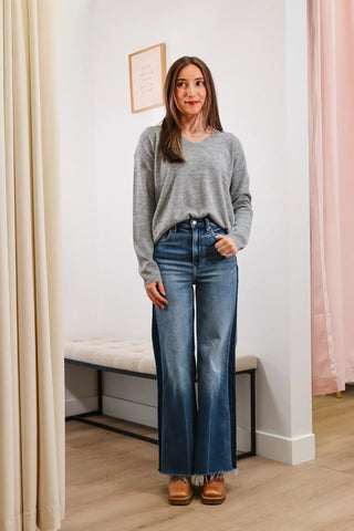 gray long sleeve, grey long sleeve, long sleeve v-neck sweater, v-neck sweater