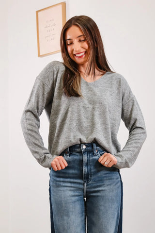 gray long sleeve, grey long sleeve, long sleeve v-neck sweater, v-neck sweater