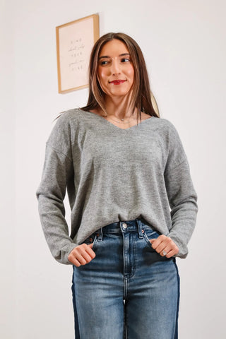 gray long sleeve, grey long sleeve, long sleeve v-neck sweater, v-neck sweater