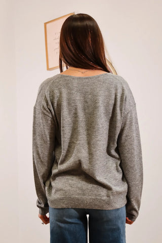 gray long sleeve, grey long sleeve, long sleeve v-neck sweater, v-neck sweater
