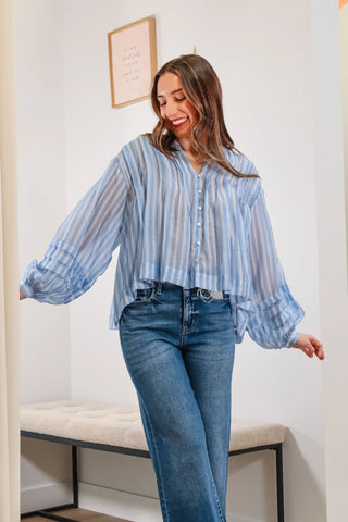 Monochromatic sheer top, spring break top, long sleeve spring top, blouse, blue blouse, blue stripped flowy blouse
